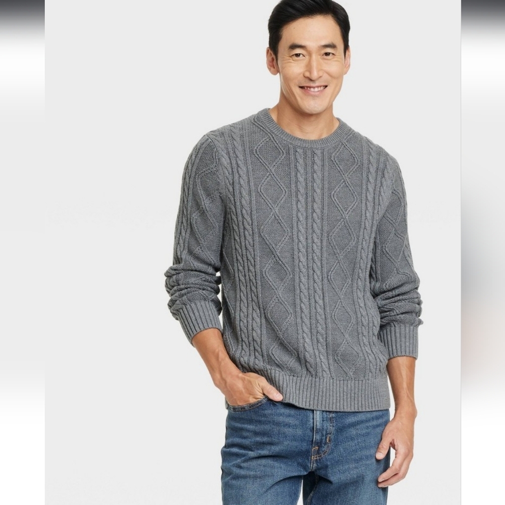 Men's Cable Crewneck Pullover Sweater - Goodfellow & Co Heathered Gray XXL